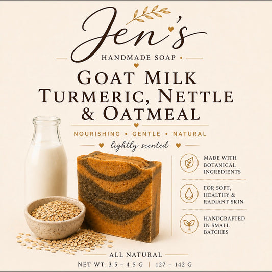 Handcrafted goat milk soap bars with turmeric, nettle and oatmeal by Jen’s Handmade Soap.”